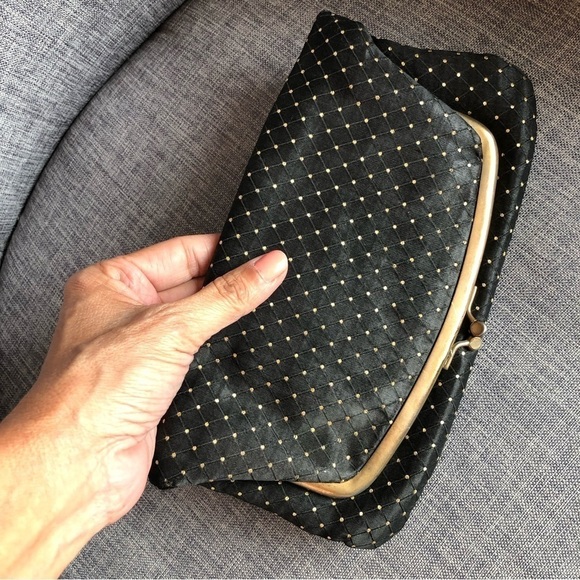 VINTAGE black satin gold polka dot handbag clutch - Picture 1 of 9
